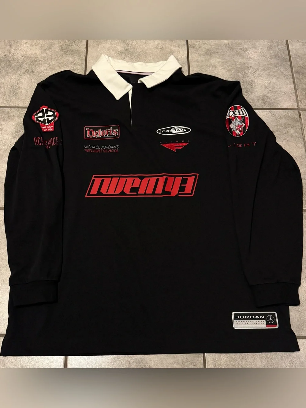 Nike Air Jordan Long Sleeve Patchwork Rugby Polo Shirt Size XL Black